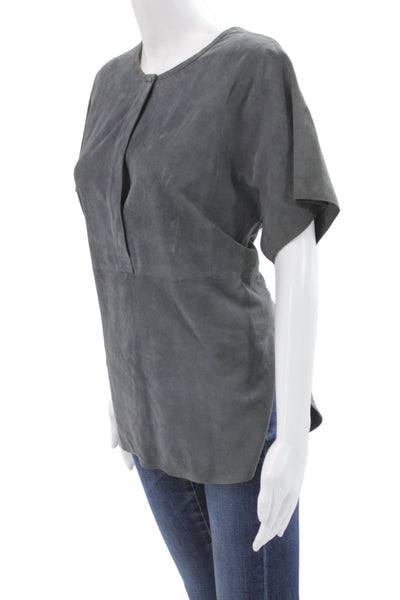 Vince Womens Silk Short Sleeve Round Neck Blouse Dark Gray Button Size M