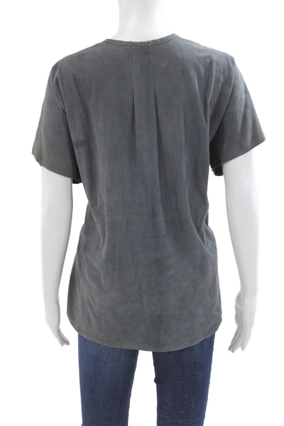 Vince Womens Silk Short Sleeve Round Neck Blouse Dark Gray Button Size M