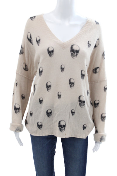 Skull Cashmere Unisex Pullover Sweater 100% Cashmere V Neck Beige Size M
