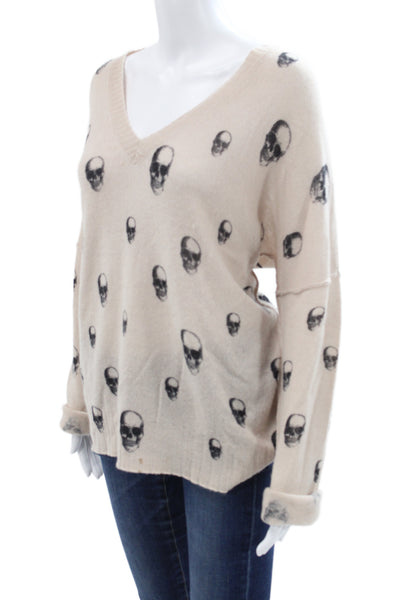 Skull Cashmere Unisex Pullover Sweater 100% Cashmere V Neck Beige Size M