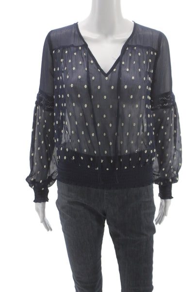 Free People Women Bohemian PolkaDot V-Neck Long Sleeve Blouse Dark Blue Size XS