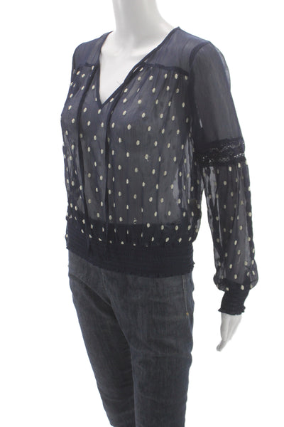 Free People Women Bohemian PolkaDot V-Neck Long Sleeve Blouse Dark Blue Size XS