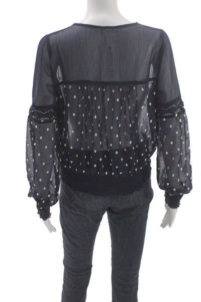 Free People Women Bohemian PolkaDot V-Neck Long Sleeve Blouse Dark Blue Size XS