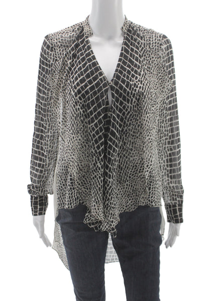 BCBGMAXAZRIA Women Tunic Black Silk V-Neck Long Sleeve Geometric Size 2XS