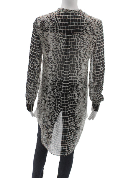BCBGMAXAZRIA Women Tunic Black Silk V-Neck Long Sleeve Geometric Size 2XS