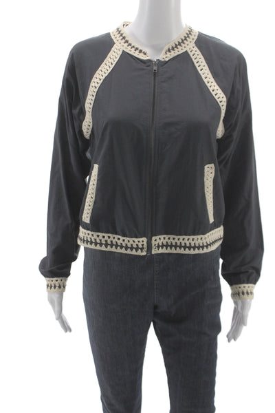 Free People Womens Bomber Jacket Black Nylon Zip Crew Neck Size S