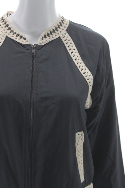 Free People Womens Bomber Jacket Black Nylon Zip Crew Neck Size S
