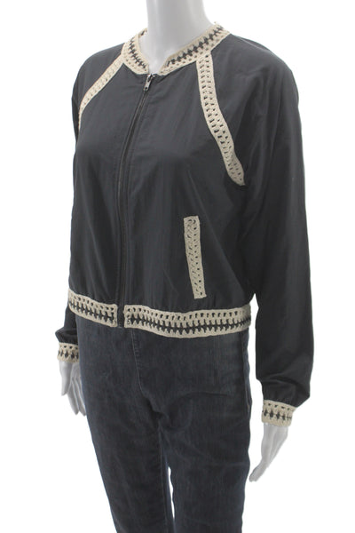 Free People Womens Bomber Jacket Black Nylon Zip Crew Neck Size S
