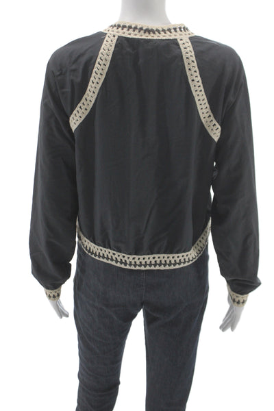 Free People Womens Bomber Jacket Black Nylon Zip Crew Neck Size S