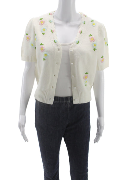 Artlove Unisex Floral White Short Sleeve Cardigan Button Round Neck Size S