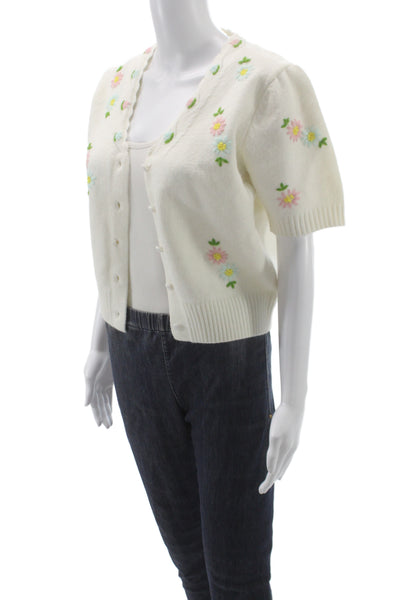 Artlove Unisex Floral White Short Sleeve Cardigan Button Round Neck Size S