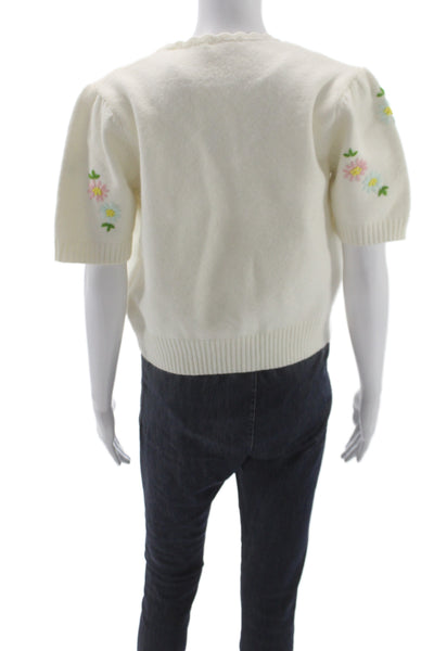 Artlove Unisex Floral White Short Sleeve Cardigan Button Round Neck Size S