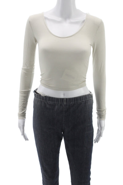 Joah Brown Women Cropped Basic Long Sleeve Round Neck Beige Top Size XS