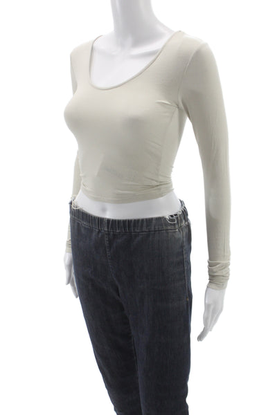 Joah Brown Women Cropped Basic Long Sleeve Round Neck Beige Top Size XS