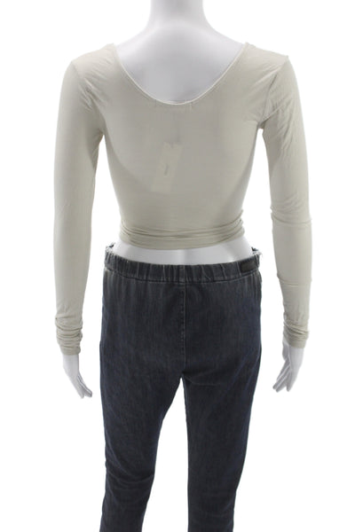 Joah Brown Women Cropped Basic Long Sleeve Round Neck Beige Top Size XS