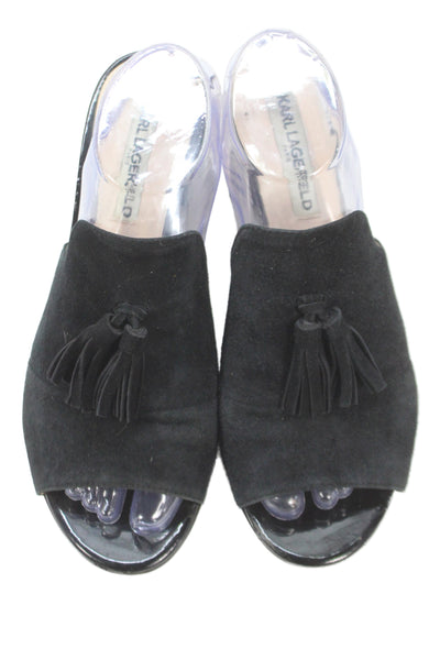 Karl Lagerfeld Womens Suede Tassel Mule Hettie Heels Black Size 8.5 Medium