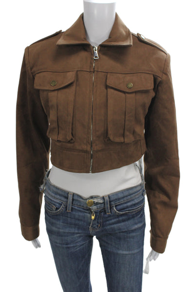 JW Pei Women Bomber Military Jacket Brown Button Collared Long Sleeve Size 2