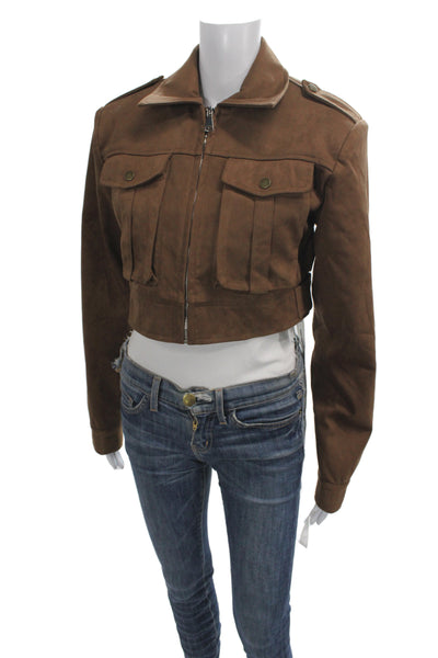 JW Pei Women Bomber Military Jacket Brown Button Collared Long Sleeve Size 2