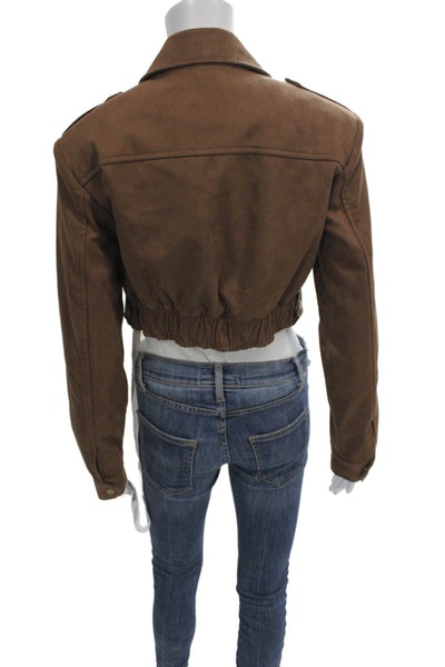 JW Pei Women Bomber Military Jacket Brown Button Collared Long Sleeve Size 2