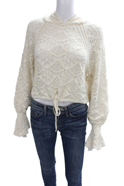 Zara Women Pullover Hoodie Beige Geometric Drawstring Poly Cotton Size M