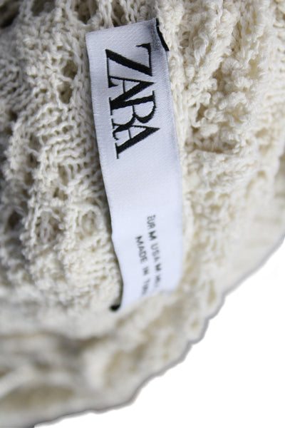 Zara Women Pullover Hoodie Beige Geometric Drawstring Poly Cotton Size M