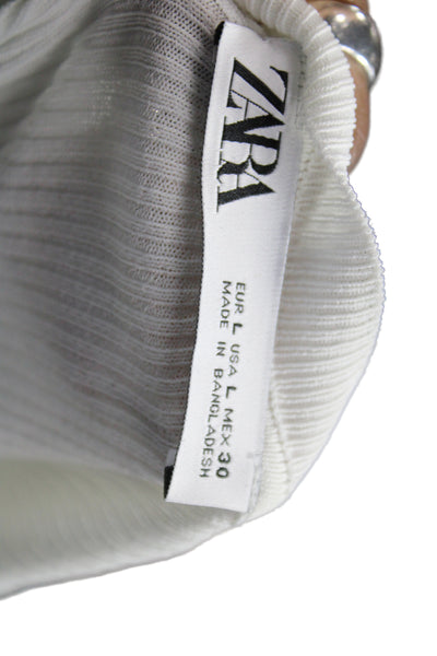Zara Women Basic Silk White Crew Neck Long Sleeve T-Shirt Size L