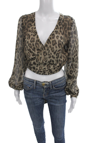 Nicholas Womens Beige Silk V-Neck Leopard Tie Long Sleeve Blouse Size 2