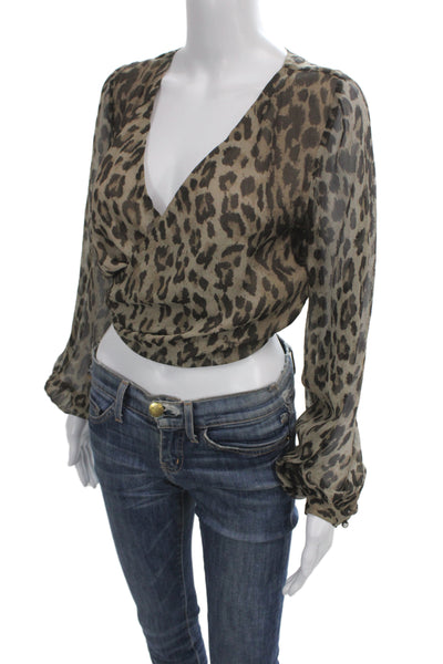 Nicholas Womens Beige Silk V-Neck Leopard Tie Long Sleeve Blouse Size 2