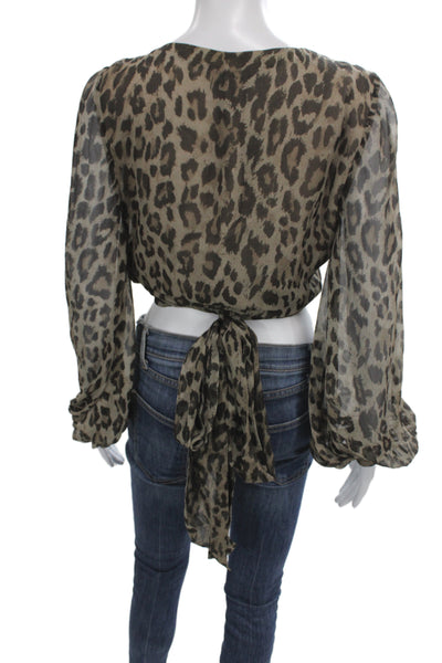 Nicholas Womens Beige Silk V-Neck Leopard Tie Long Sleeve Blouse Size 2