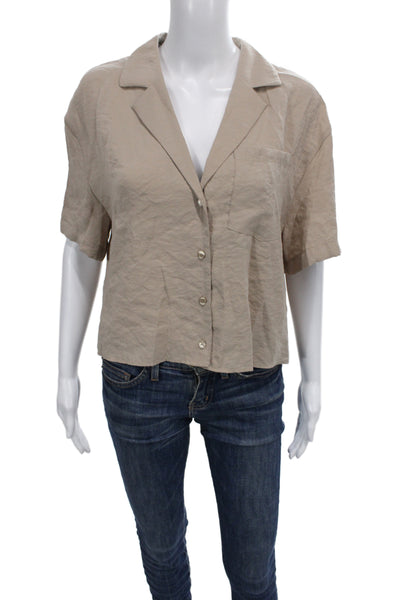 Zara Womens Cropped Collared Button Up Blouse Beige Short Sleeve Size XS