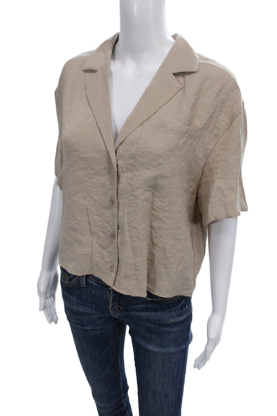 Zara Womens Cropped Collared Button Up Blouse Beige Short Sleeve Size XS