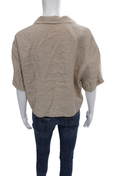 Zara Womens Cropped Collared Button Up Blouse Beige Short Sleeve Size XS