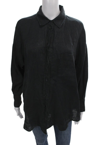 Zara Womens Black Linen Collared Long Sleeve Button-Up Top Size S