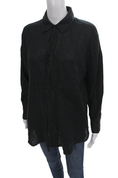 Zara Womens Black Linen Collared Long Sleeve Button-Up Top Size S