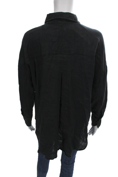 Zara Womens Black Linen Collared Long Sleeve Button-Up Top Size S