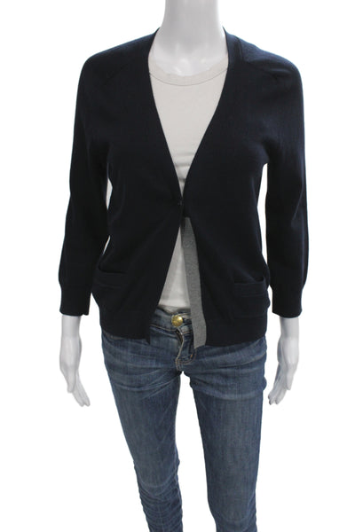 Vince Unisex Cardigan Dark Blue V Neck Button 3/4 Sleeve Cotton Cashmere Size S