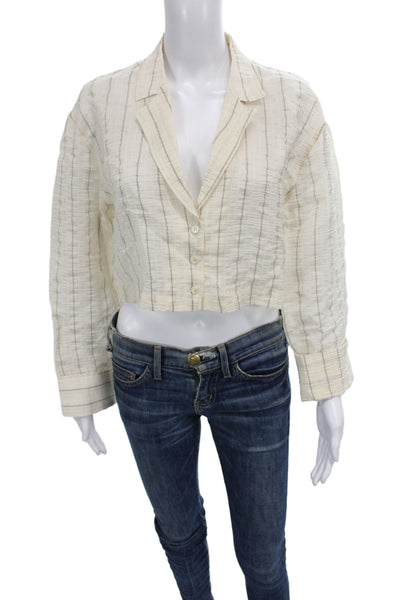 Zara Women Striped Collared Blazer Beige Long Sleeve Button Viscose Size S
