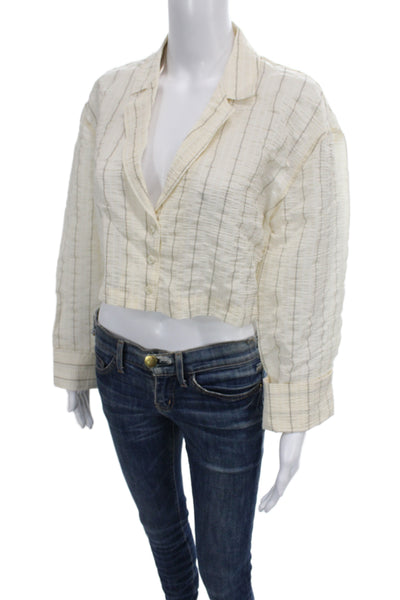 Zara Women Striped Collared Blazer Beige Long Sleeve Button Viscose Size S