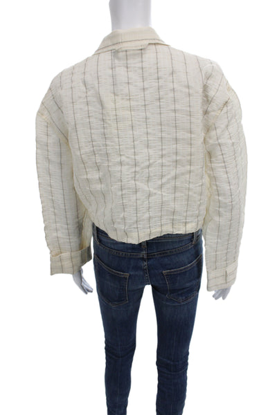 Zara Women Striped Collared Blazer Beige Long Sleeve Button Viscose Size S
