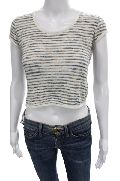 Gryphon New York Women Cropped T-Shirt Beige Striped Linen Short Sleeve Size XS