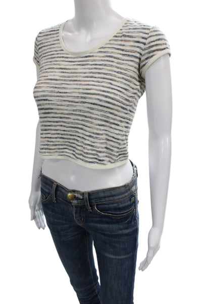 Gryphon New York Women Cropped T-Shirt Beige Striped Linen Short Sleeve Size XS