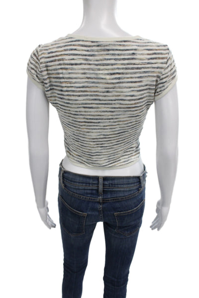 Gryphon New York Women Cropped T-Shirt Beige Striped Linen Short Sleeve Size XS