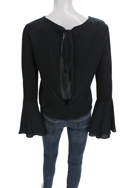 Zara Women Basic Blouse Black Long Sleeve Round Neck Tie Polyester Size XS