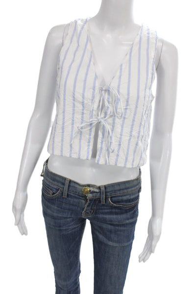 Zara Womens Cropped Striped V Neck Sleeveless Tank White 65% Polyester Size XS