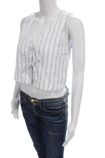 Zara Womens Cropped Striped V Neck Sleeveless Tank White 65% Polyester Size XS