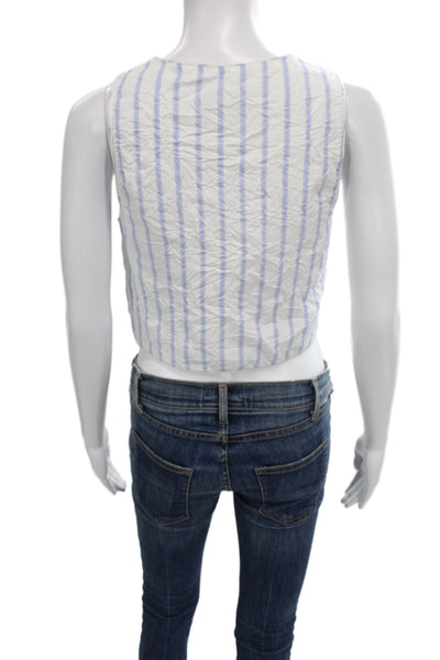 Zara Womens Cropped Striped V Neck Sleeveless Tank White 65% Polyester Size XS