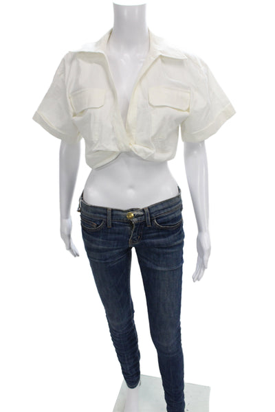 Zara Women Cropped Collared Button Blouse White Short Sleeve Size XS