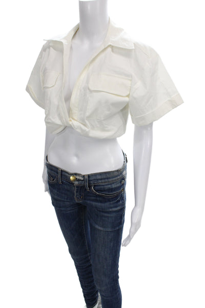 Zara Women Cropped Collared Button Blouse White Short Sleeve Size XS