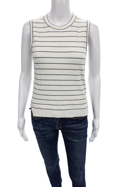 Theory Women Basic Striped White Cotton Crew Neck Tank Sleeveless Size S