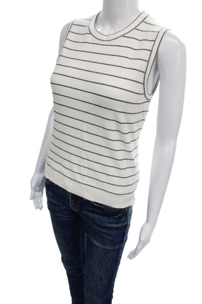 Theory Women Basic Striped White Cotton Crew Neck Tank Sleeveless Size S